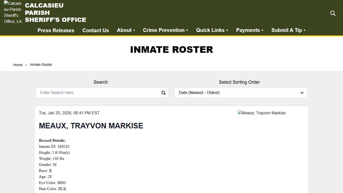 Inmate Roster | Calcasieu Parish Sheriff's Office, LA